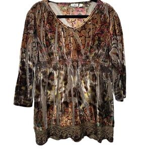Cato Velvet Bohemian Babydoll Peasant Sequence Lace Hem 3/4 Sleeve XL Blouse